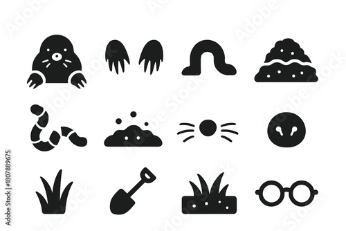 Mole Life Icons. Mole Animal Life. Solid icon set of Mole Animal Life: mole, digging paws, tunnel, dirt mound, worm, soil, whiskers, nose, grass, shovel,