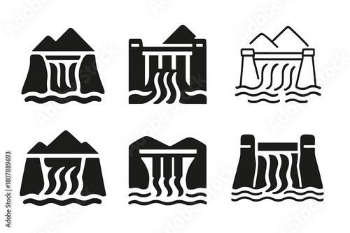 Flooded Valley Logos. Flooded valley. Icon set. Set Logo of flooded valley: house surrounded by rising water. harmonious logo variations of the same emblematic