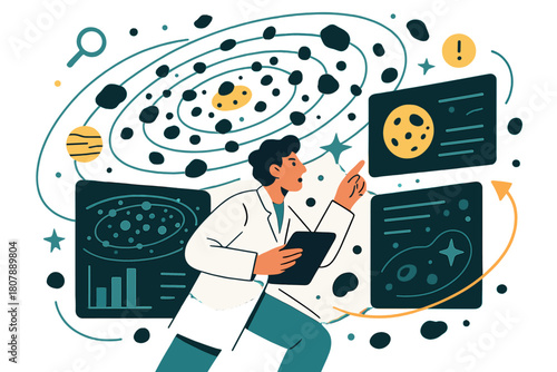 Asteroid Analysis Illustration. Asteroid belt studies. Astronomer analyzing asteroid belt data on digital screens with abstract floating orbit paths and