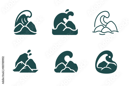 Rocky Shore Icons. Rocky shore. Icon set. Set Logo of rocky shore: serene rocky coastline. harmonious logo variations of the same emblematic concept, each with