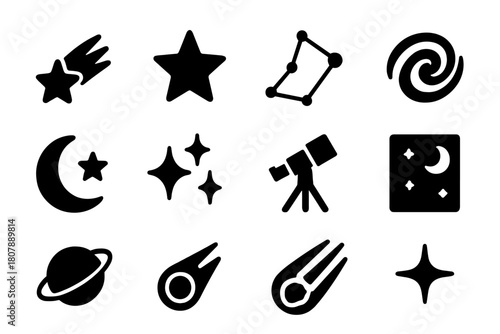 Cosmos Icon Collection. Cosmos. Solid icon set of Cosmos: shooting star, star, constellation, galaxy, crescent moon with star, sparkles, telescope, night sky,