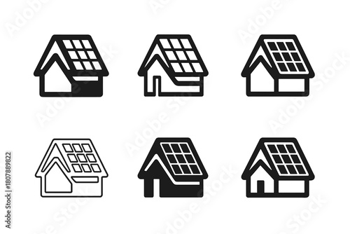 Solar Roofing Icons. Solar roofing systems. Icon set. Set Logo of solar roofing systems: installer hand with wrench over panel. harmonious logo variations of