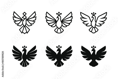 Peacock Logo Variations. Winged creatures. Icon set. Set Logo of Winged creatures: Peacock with spread wings. harmonious logo variations of the same emblematic