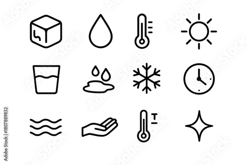 Ice Melting Symbols. How Ice Melts. Line icon set of How Ice Melts: ice cube, droplet, thermometer, sun, glass, puddle, snowflake, clock, water wave, hand, air