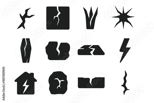 Structural Crack Icons. Structural crack. Solid icon set of Structural crack: fracture, broken wall, fissure, crack in glass, split wood, chasm, broken floor,