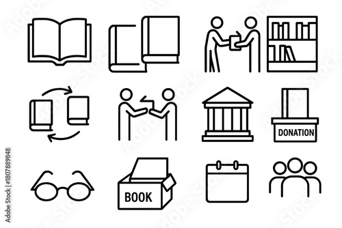 Community Book Icons. Community Book Exchange. Line icon set of Community Book Exchange: open book, closed book, stack of books, bookshelf, book swap arrows,