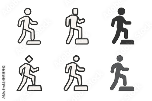 Step Aerobics Logo Grid. Step aerobics. Icon set. Set Logo of Step aerobics: Person stepping. harmonious logo variations of the same emblematic concept