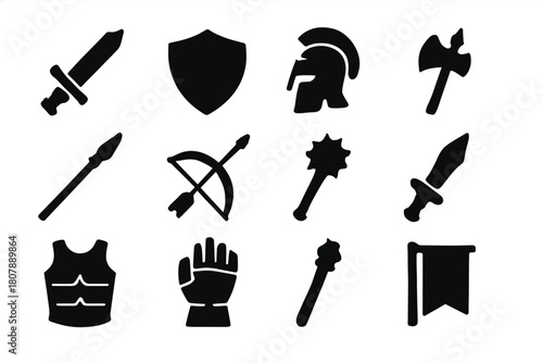 Medieval Weaponry Icons. Ancient and medieval weaponry and armor. Solid icon set of ancient and medieval weaponry and armor: sword, shield, helmet, axe, spear,