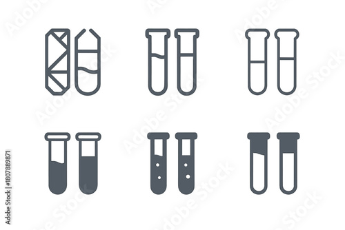 Lab Test Tube Logos. Research. Icon set. Set Logo of Research: Laboratory test tubes. harmonious logo variations of the same emblematic concept, each with
