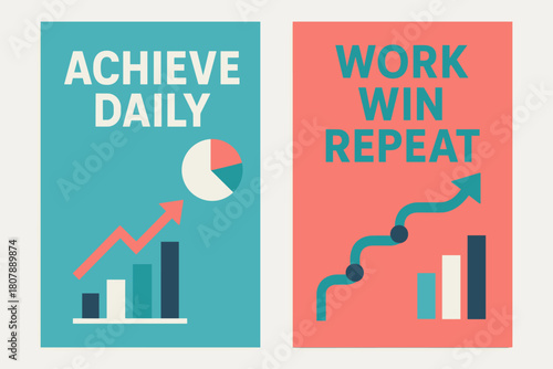 Achieve Daily Banners. Achieve daily. Two vertical A6 banners with safe margins, centered composition, no elements touching edges, modern, turquoise and coral,