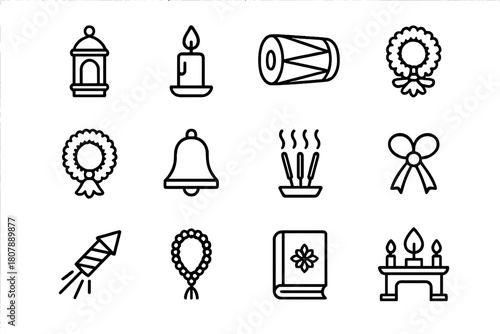Religious Festival Icons. Religious festivals. Line icon set of Religious festivals: lantern, candle, drum, offering plate, flower garland, bell, incense,