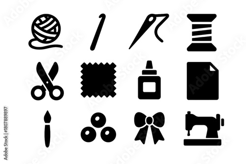 Handmade Craft Icons. Handmade crafts. Solid icon set of handmade crafts: yarn ball, crochet hook, needle, thread spool, scissors, fabric, glue, paper,