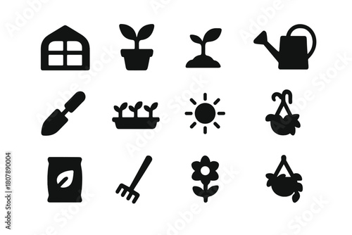 Garden Tools Icons. Garden Setup. Solid icon set of Garden Setup: greenhouse, potted plant, seedling, watering can, garden trowel, plant tray, sun,