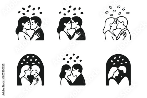 Wedding Kiss Icons. Wedding Kiss Under Confetti. Icon set. Set Logo of Wedding Kiss: confetti heart explosion over couple. harmonious logo variations of the