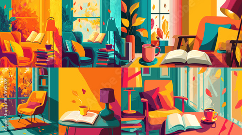 Colorful cozy reading room illustration with warm sunlight, books, armchairs, coffee mugs, and indoor plants. Vibrant autumn inspired interior scene perfect for lifestyle and home decor themes.