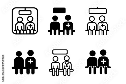 Medical Icon Variations. Taking a friend to the doctor. Icon set. Set Logo of Taking a friend to the doctor: Waiting room scene. harmonious logo variations of