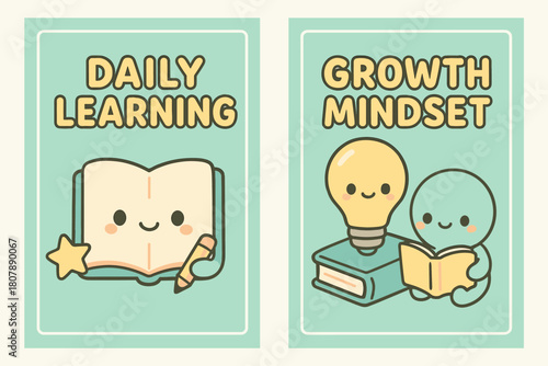 Kawaii Daily Learning Banners. Daily learning. Two vertical A6 banners with safe margins, centered composition, no elements touching edges, kawaii, pastel mint