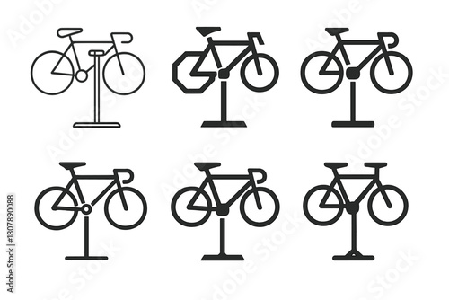 Bicycle Repair Logos. fixing a bicycle. Icon set. Set Logo of fixing a bicycle: tightening bolts on frame. harmonious logo variations of the same emblematic