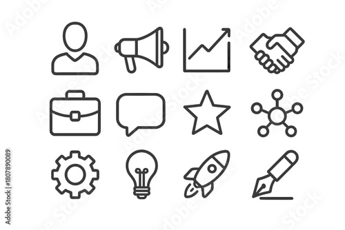 Entrepreneur Icons Grid. Entrepreneurial influence. Line icon set of entrepreneurial influence: person silhouette, megaphone, graph, handshake, briefcase, chat