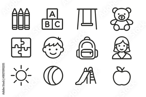 Kindergarten Icon Set. Kindergarten fun. Line icon set of kindergarten fun: crayons, toy blocks, swing, teddy bear, puzzle, smiling child, backpack, teacher,