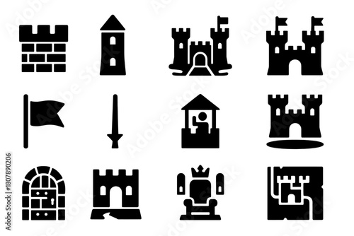 Medieval Castle Icons. Medieval castles. Solid icon set of Medieval castles: stone wall, tower turret, drawbridge, moat, gatehouse, flag, arrow slit, guard