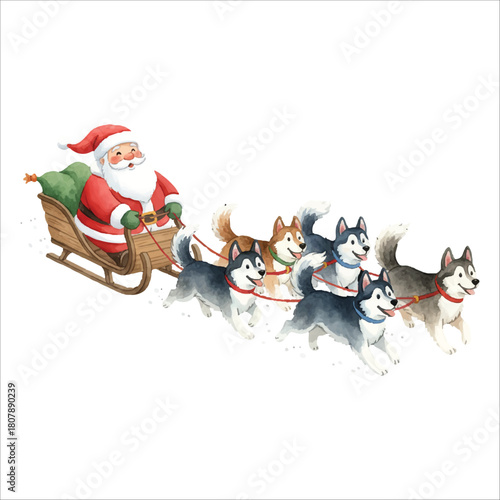 Santa Claus with sled dogs vector isolated white background Christmas
