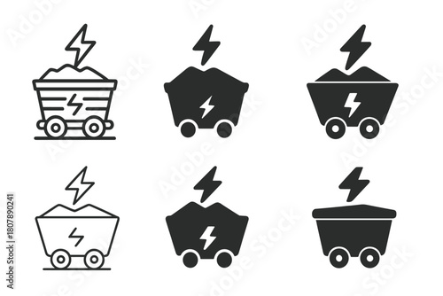 Efficient Mining Logos. Efficient energy use in mining industries. Icon set. Set Logo of efficient energy use in mining industries: electric tower above