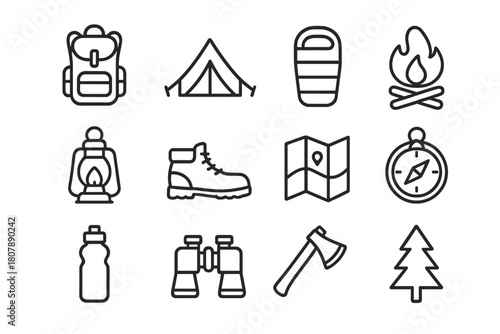 Camping Essentials Icons. Forest camping. Line icon set of Forest camping: tent, tree, campfire, backpack, sleeping bag, lantern, hiking boots, map, compass,