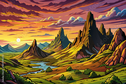 Amazing mountains at sunset in Isle of Skye, Scotland, dramatic rugged landscape with vibrant sky, scenic highlands, stunning natural beauty is perfect for travel, nature and adventure themes.