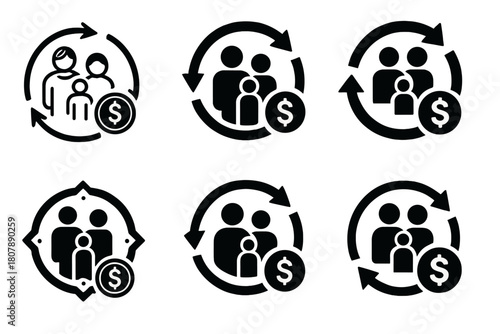 Family Budgeting Icons. Family budgeting. Icon set. Set Logo of family budgeting: family hand holding money sprout. harmonious logo variations of the same