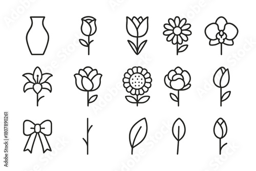 Floral Icon Collection. Floral arrangement. Line icon set of floral arrangement: vase, rose, tulip, daisy, lily, sunflower, peony, orchid, ribbon, stem, leaf,
