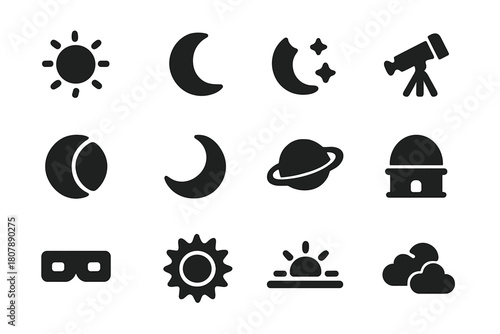Astronomy Icon Set. Astronomy and stars. Solid icon set of Astronomy and stars: telescope, star chart, observatory dome, night sky, celestial globe,