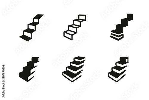 Staircase Book Logos. Library. Icon set. Set Logo of library: staircase made of stacked books leading upward. harmonious logo variations of the same emblematic