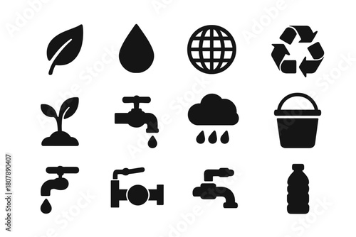 Eco Icon Collection. Environmental protection. Solid icon set of Environmental protection: leaf, water droplet, globe, recycling symbol, plant, faucet, rain