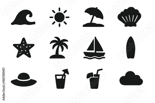 Beach Icons Grid. Beach scenery. Solid icon set of beach scenery: wave, sun, umbrella, sand, shell, starfish, palm tree, boat, surfboard, hat, drink, cloud.