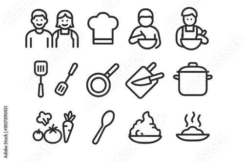 Friends Cooking Icons. Friends preparing meal. Line icon set of Friends preparing meal: two people, apron, chef hat, mixing bowl, spatula, frying pan, knife,