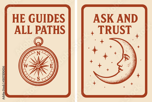 Retro Guidance Banners. Guidance. Two vertical A6 banners with safe margins, centered composition, no elements touching edges, retro, red and beige, compass,