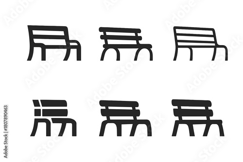 Empty Bench Icons. Empty bench. Icon set. Set Logo of empty bench: bench by lake. harmonious logo variations of the same emblematic concept, each