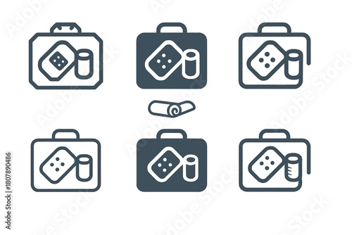 Bandage Icon Collection. Bandages and gauze. Icon set. Set Logo of bandages and gauze: first-aid kit with bandage and gauze emblem. harmonious logo variations