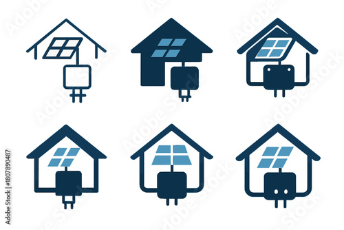Solar Roofing Icons. Solar roofing systems. Icon set. Set Logo of solar roofing systems: installer hand with wrench over panel. harmonious logo variations of