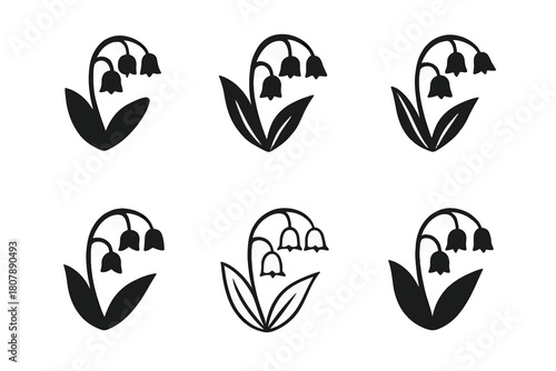 Lily Icon Variations. Lily of the Valley. Icon set. Set Logo of Lily of the Valley: minimal single bell bloom. harmonious logo variations of the same