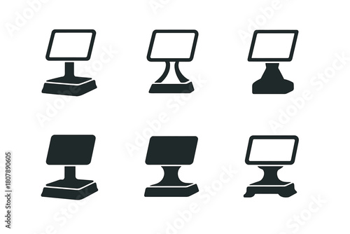 Elegant Logo Showcase. Product table display. Icon set. Set Logo of product table display: elegant showcase emphasizing retail presentation. harmonious logo