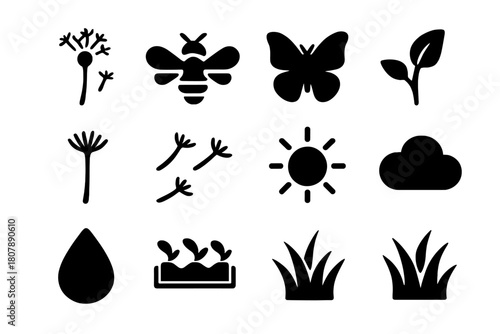Pollination Icon Set. Pollination. Solid icon set of Pollination: dandelion, bee, butterfly, stem, leaf, seed puff, seeds, sun, cloud, dew drop, garden, grass.