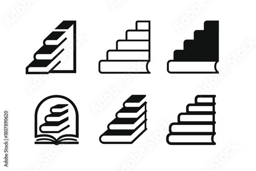 Staircase Book Logos. Library. Icon set. Set Logo of library: staircase made of stacked books leading upward. harmonious logo variations of the same emblematic