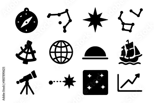 Star Navigation Icons. Star navigation. Solid icon set of Star navigation: compass, Big Dipper, North Star, constellation map, sextant, globe, horizon line,