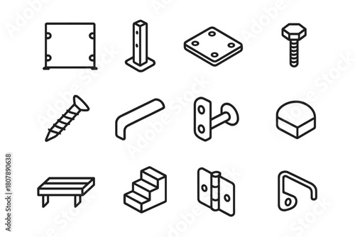 Glass Mounting Icons. Glass panel mounting. Line icon set of glass panel mounting: glass panel, post, base plate, bolt, screw, handrail, wall bracket, end cap,