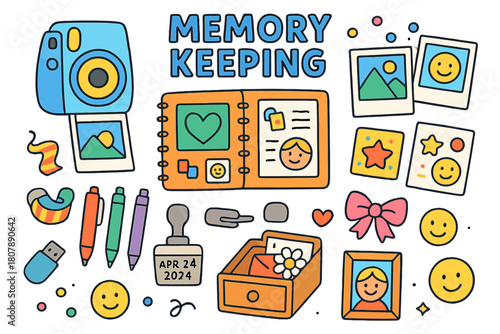 Home Memory Keepsakes. Memory keeping at home. Colorful Hand-drawn doodle Children illustration Memory keeping at home instant camera, photo prints, scrapbook,