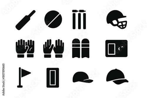 Cricket Icons Set. Cricket. Solid icon set of Cricket: bat, ball, stumps, bails, helmet, batting gloves, wicketkeeper gloves, leg pads, scoreboard, boundary