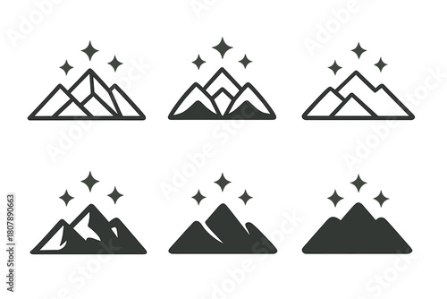 Mountain Logo Variations. Distant Mountains. Icon set. Set Logo of Distant Mountains: Sunrise over mountains. harmonious logo variations of the same emblematic