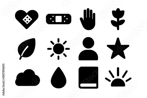 Emotional Healing Icons. Emotional healing. Solid icon set of emotional healing: heart, bandage, hand, flower, leaf, sun, person, star, cloud, water drop,